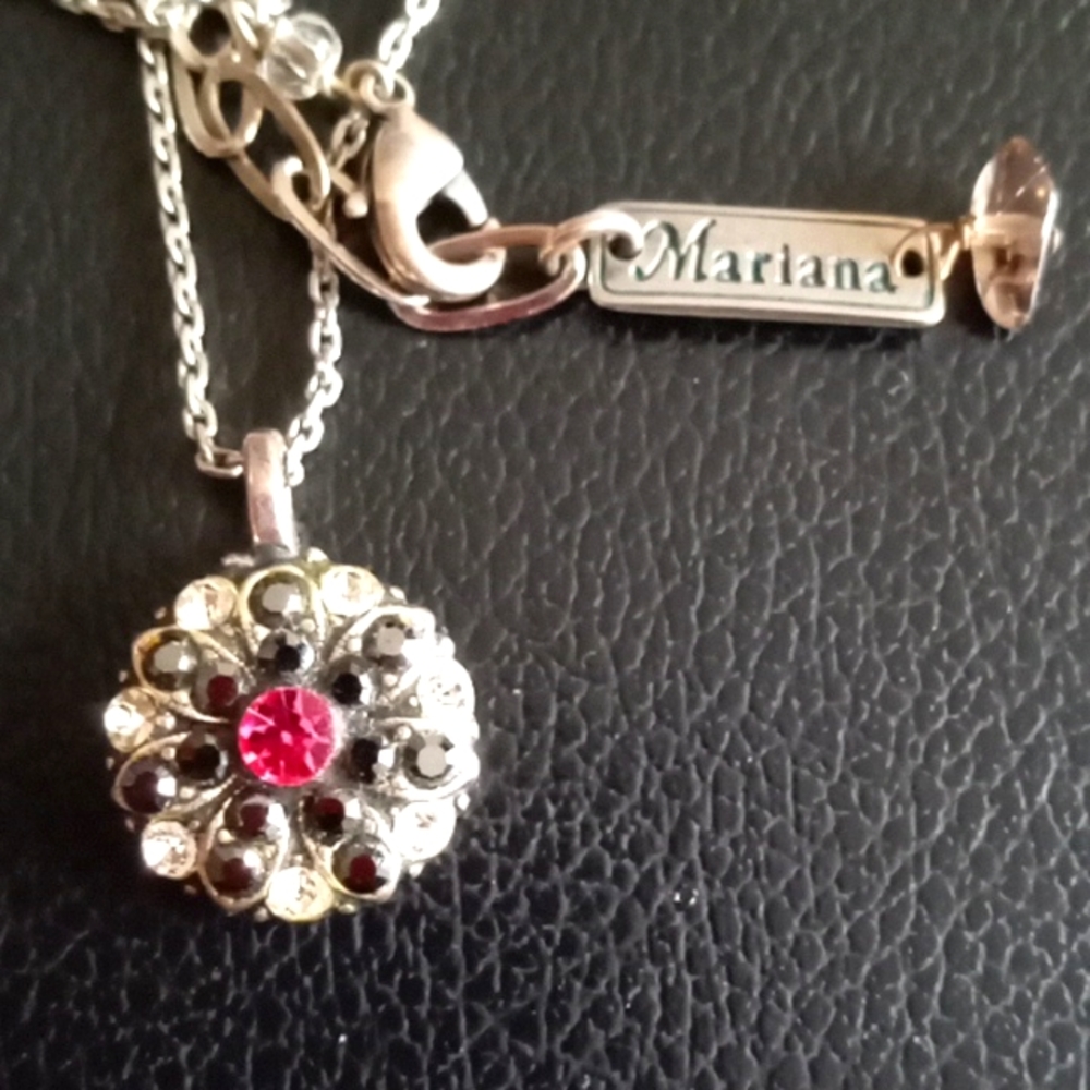 MARIANA PINK, BLACK AND WHITE SWAROVSKI CRYSTAL FLOWER/CHERUB NECKLACE
